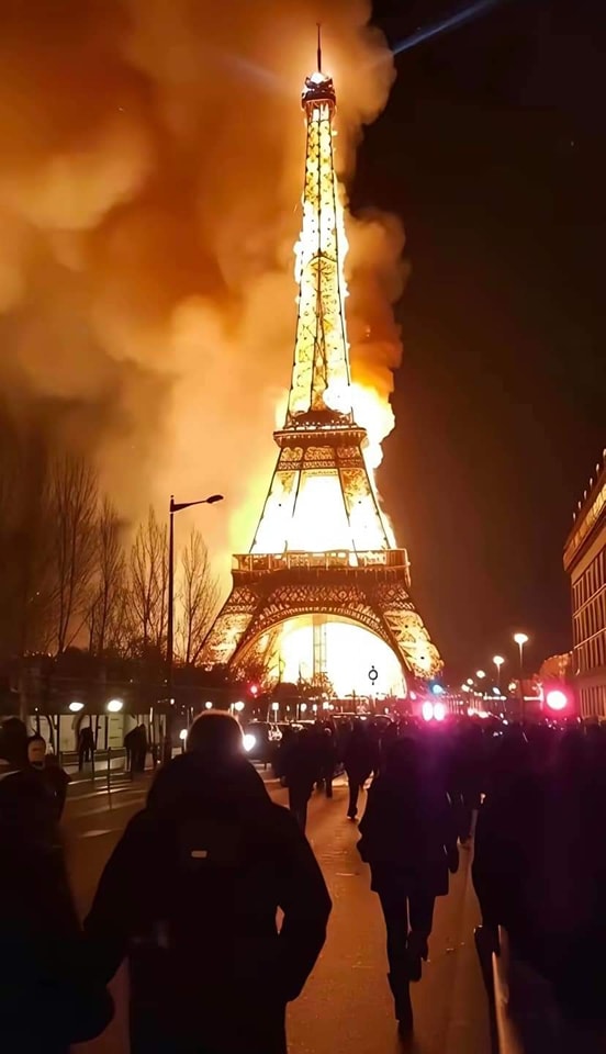 زائف:هذه الصورة مولدة بالذكاء الاصطناعي ولا تظهر برج ايفل مشتعلاً